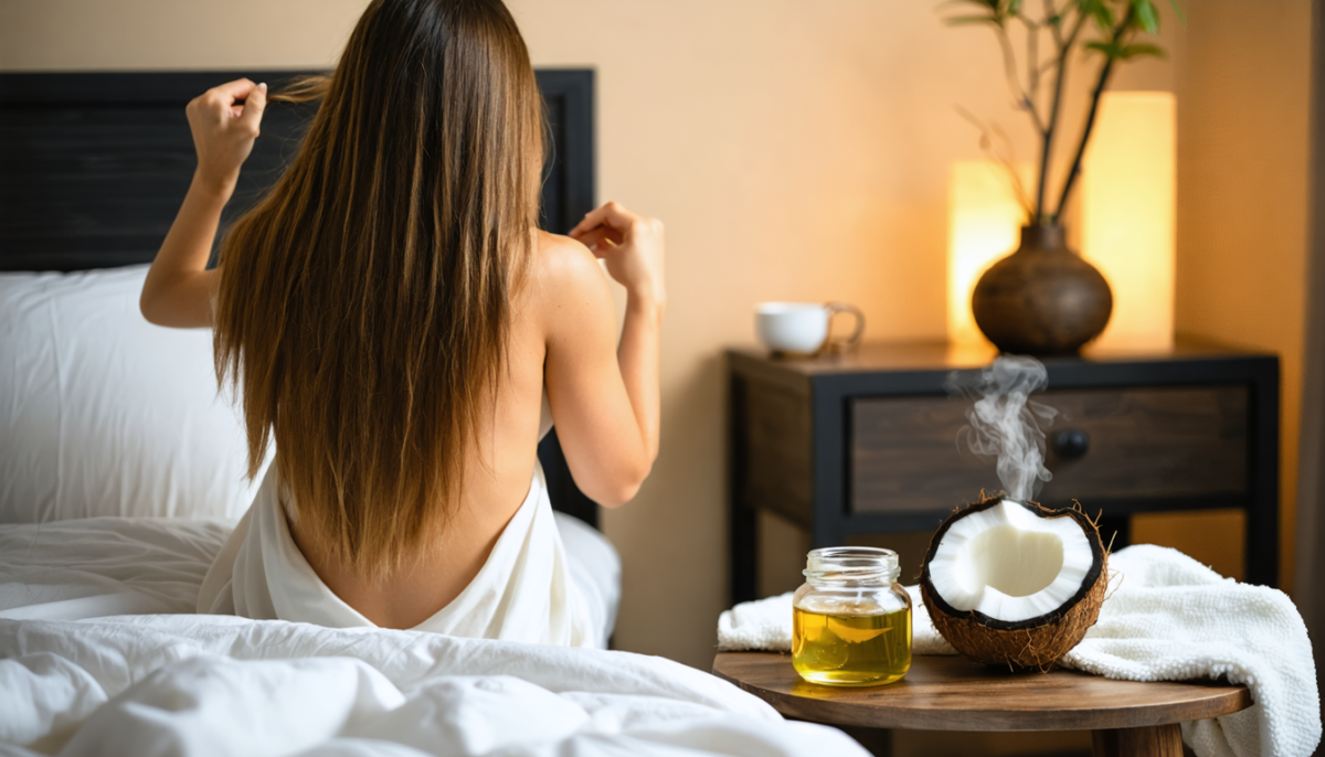 découvrez comment prendre soin de vos cheveux la nuit en 3 étapes simples avec l'huile de coco pour des cheveux doux, nourris et éclatants au réveil.